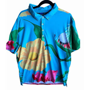 William Murray Golf Shirt Polo Size XL Aqua Blue Floral Print Performance Tropic